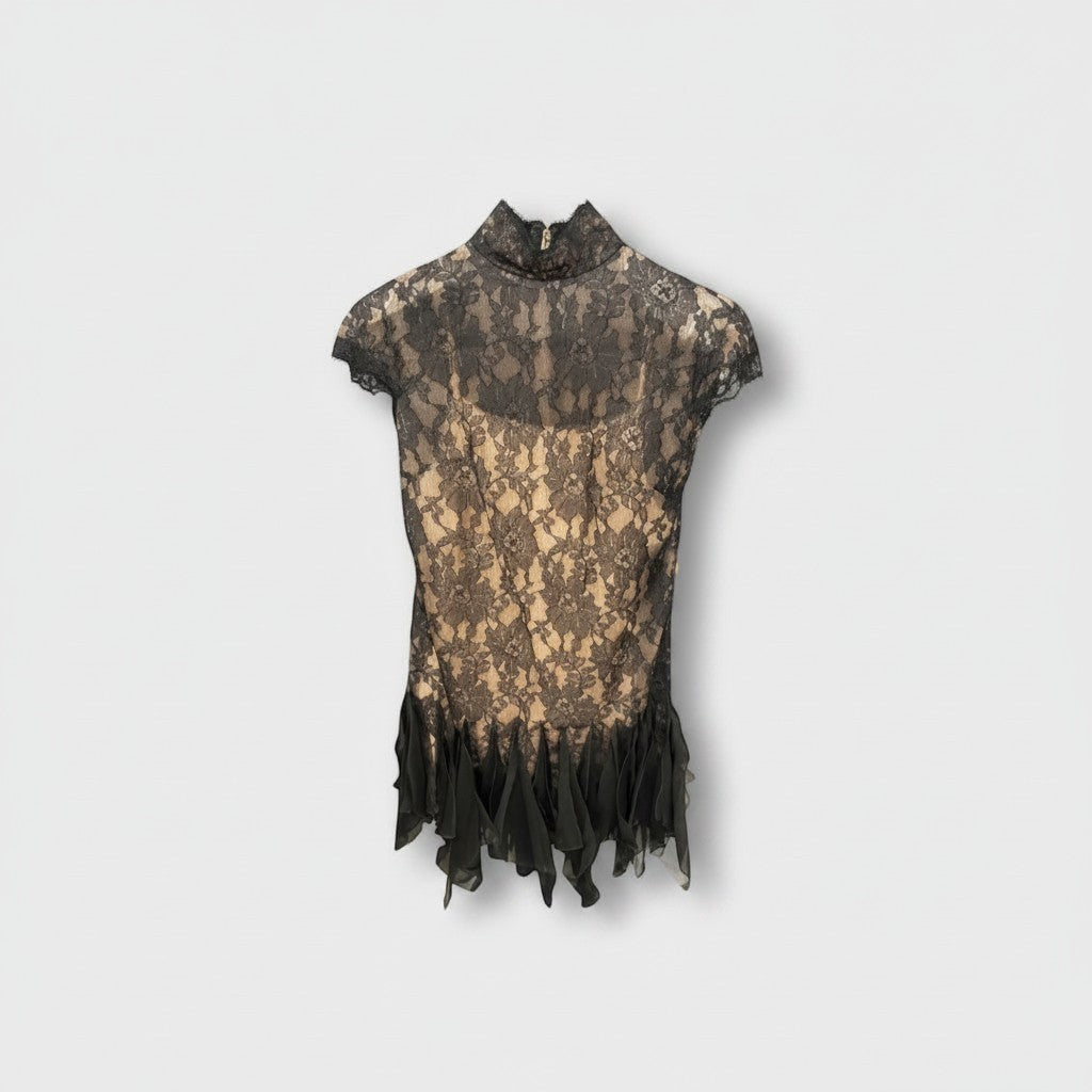 Tasoni Valentino Macro Fiori Lace Mini Dress with black lace overlay and ruffled hem.