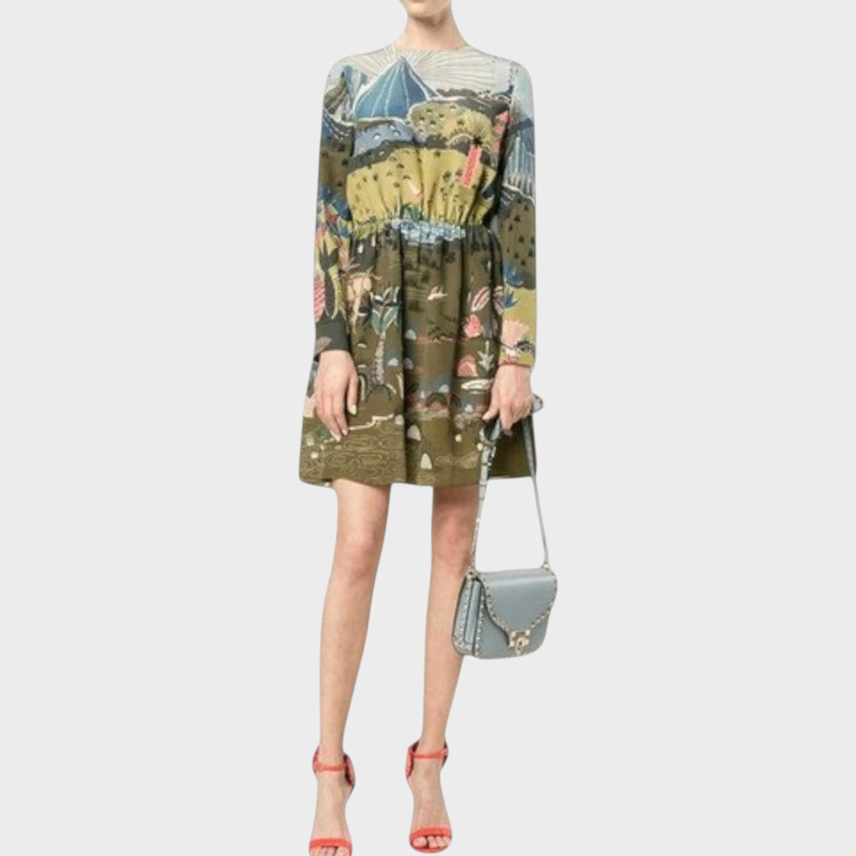 Tasoni Valentino crepe de chine dress featuring a whimsical landscape print in muted earth tones with long sleeves.