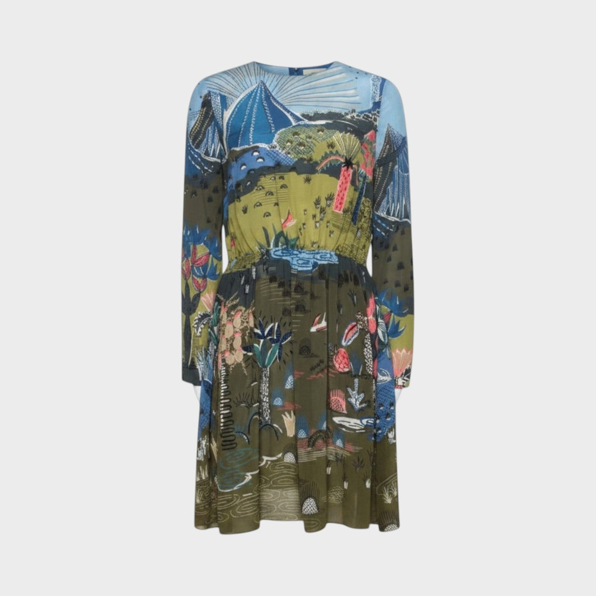 Tasoni Valentino crepe de chine dress featuring a whimsical landscape print in shades of blue, green, and pink.