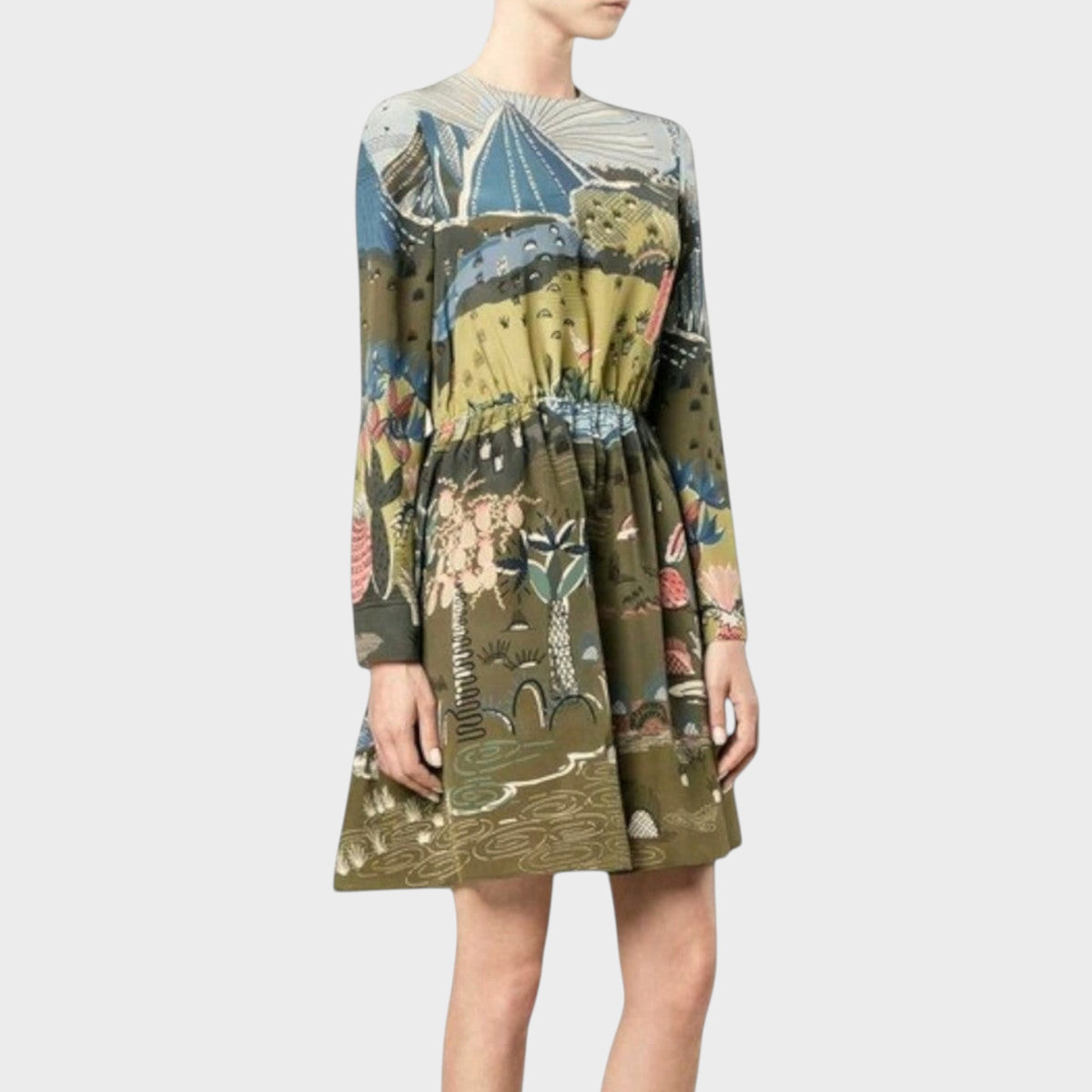 Tasoni Valentino crepe de chine dress featuring a whimsical landscape print in olive green, blue, and pink tones.