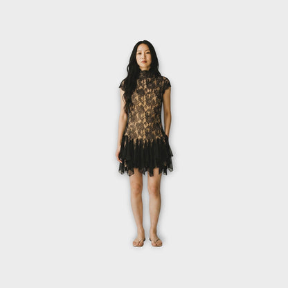 Tasoni Valentino Macro Fiori Lace Mini Dress with black lace overlay and ruffled hem.
