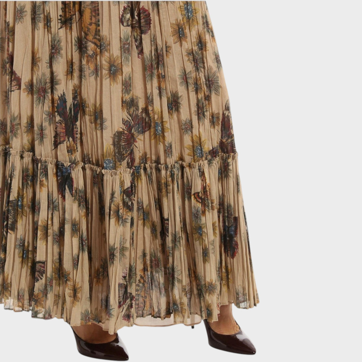 Tasoni Valentino Mariposa voile maxi skirt featuring a pleated design with a delicate floral and butterfly print.