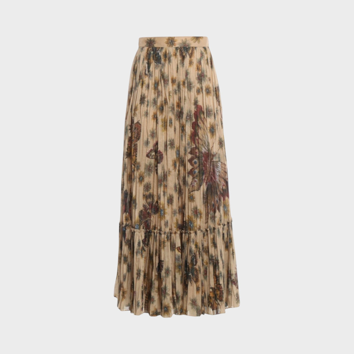 Tasoni Valentino Mariposa beige voile maxi skirt with pleated texture and intricate butterfly and floral print.