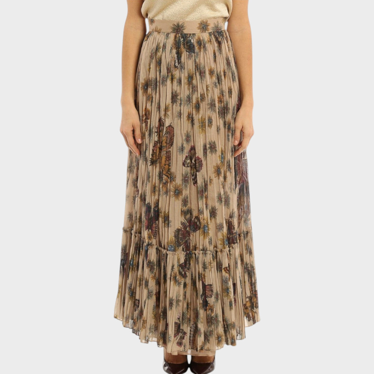 Tasoni Valentino Mariposa voile maxi skirt featuring a pleated design with a delicate floral butterfly print.