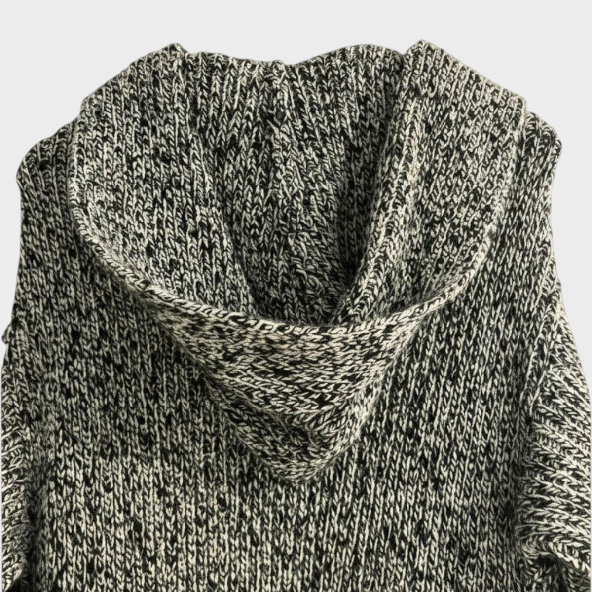 Tasoni Valentino melange long knit jacket featuring a cozy hood in a black and white textured wool blend