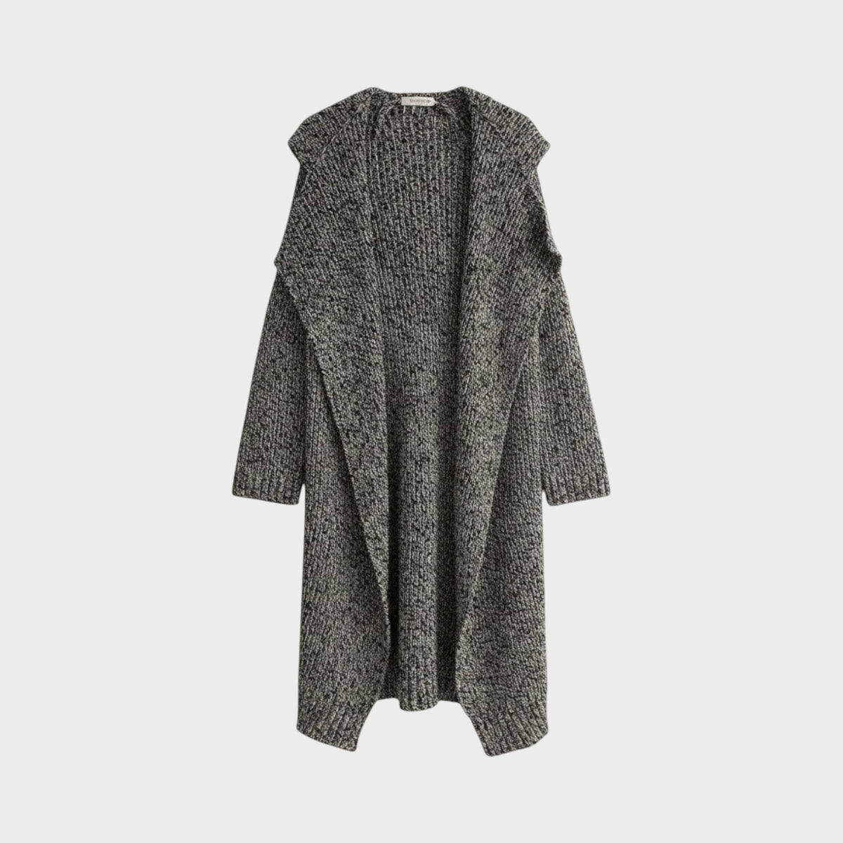 Tasoni Valentino melange long knit jacket in grey and black featuring an open front and oversized shawl collar.