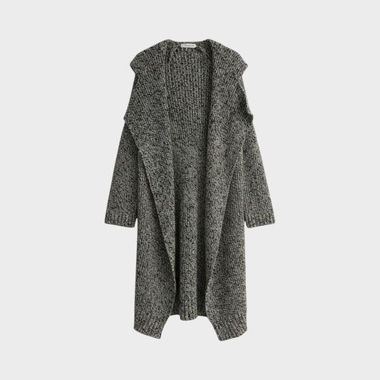 Tasoni Valentino melange long knit jacket in grey and black featuring an open front and oversized shawl collar.