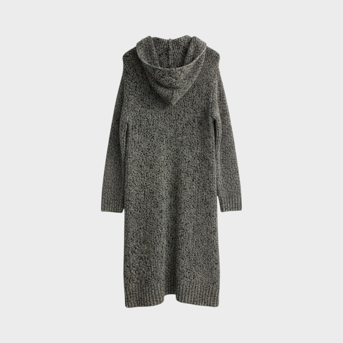 Tasoni Valentino melange long knit jacket in grey with a hood and ribbed hem, shown from the back.