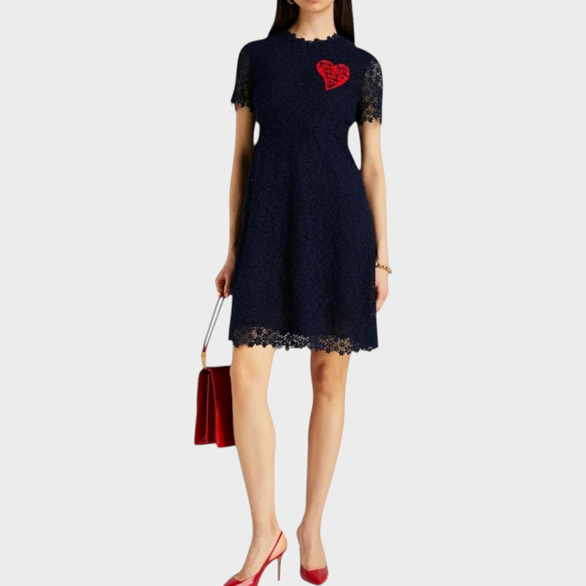 Tasoni Valentino L'Amour navy blue lace dress with short sleeves and a red heart appliqué detail