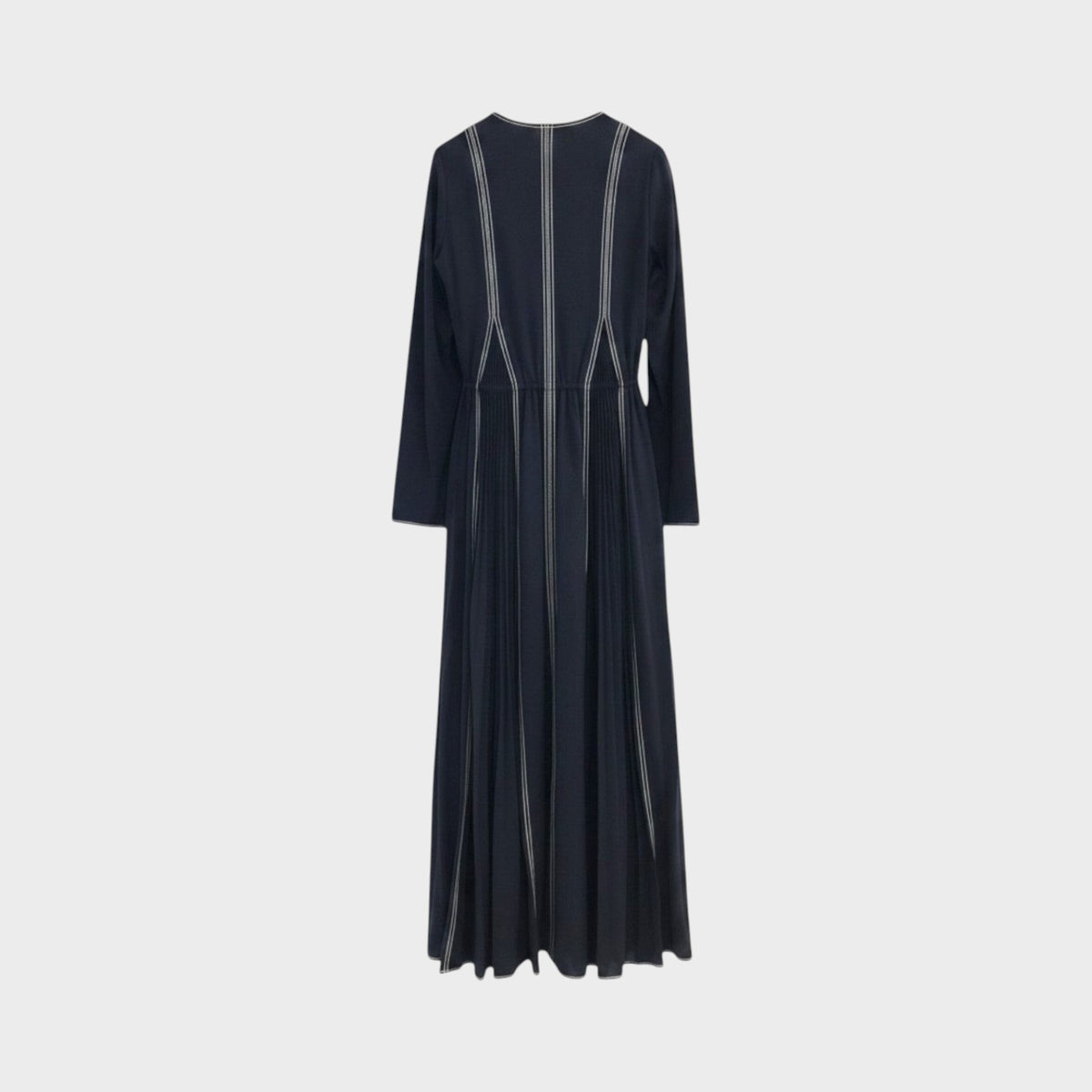 Tasoni Valentino hammered satin maxi dress in navy blue with long sleeves and white vertical stripe detailing