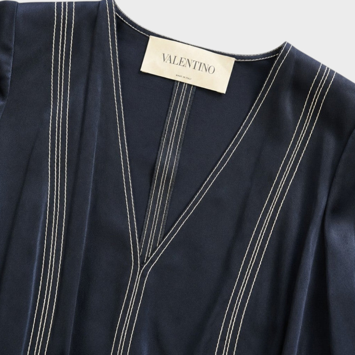Tasoni Valentino navy blue hammered satin dress with white contrast stitching and V-neckline