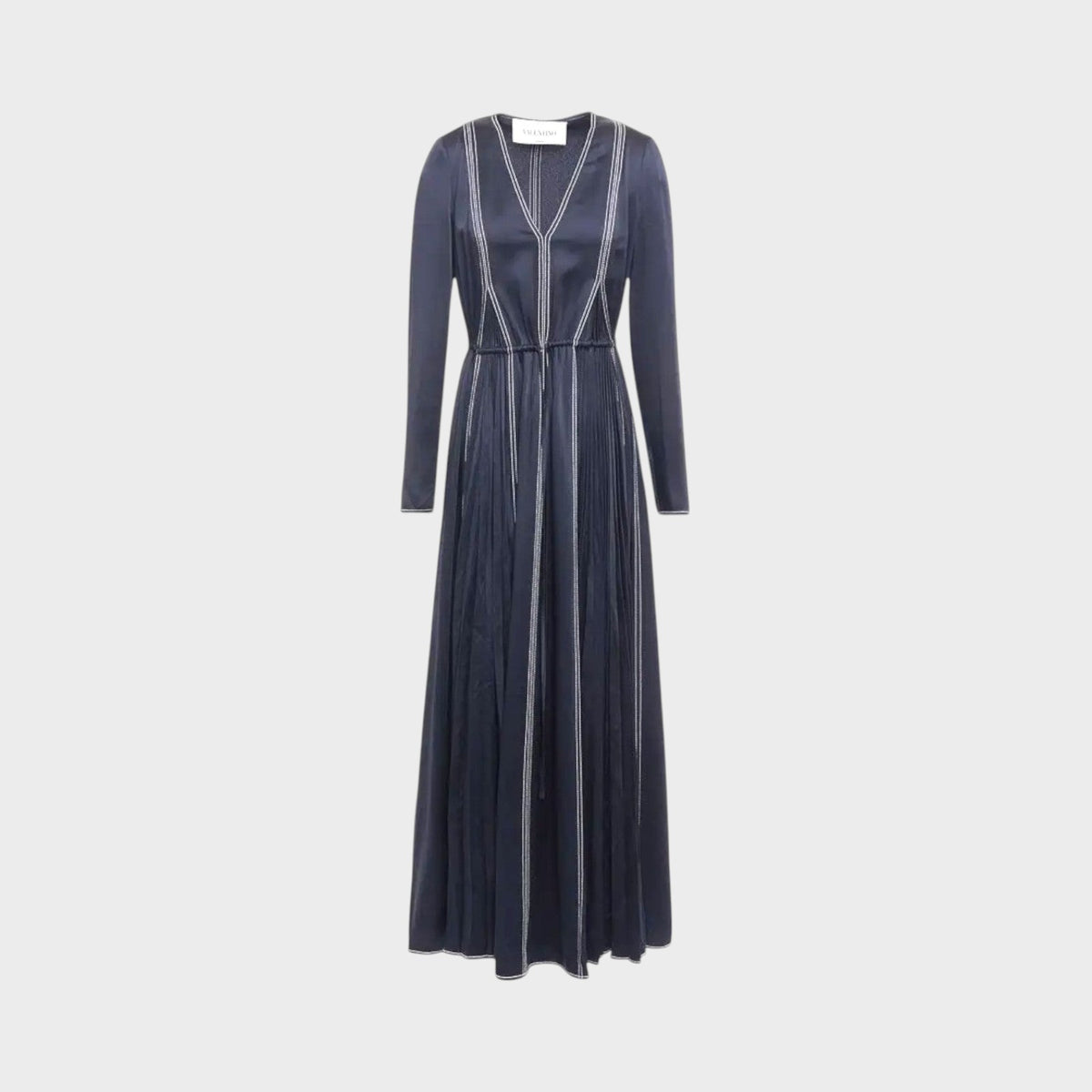 Tasoni Valentino navy blue hammered satin maxi dress with long sleeves, V-neckline, and white vertical trim details.