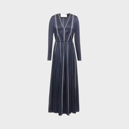 Tasoni Valentino navy blue hammered satin maxi dress with long sleeves, V-neckline, and white vertical trim details.