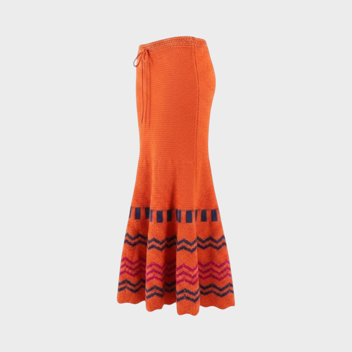 Tasoni Valentino orange wool pleated crochet maxi skirt with a drawstring waist and navy and pink chevron hem pattern