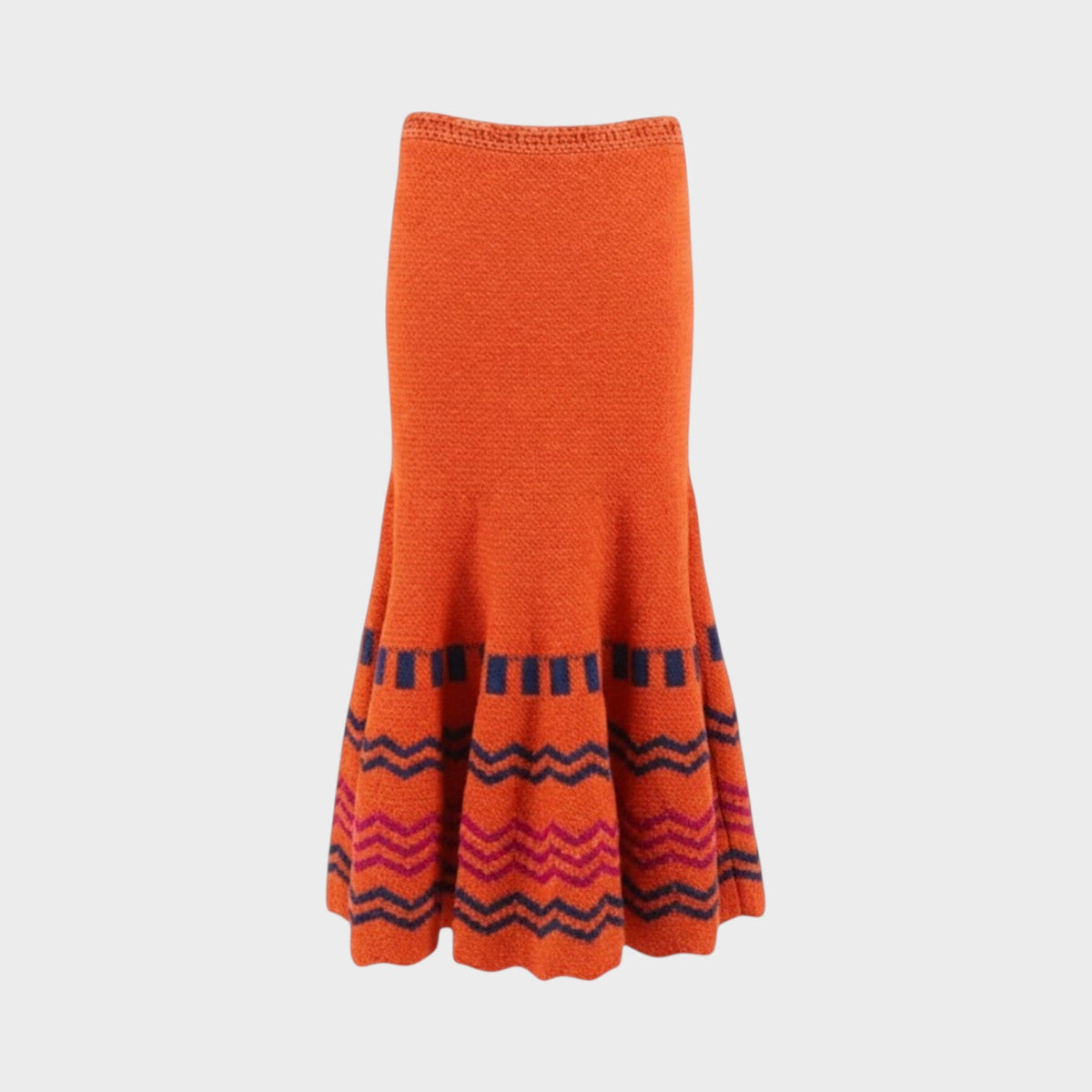 Tasoni Valentino orange wool crochet midi skirt with a pleated hem and geometric zigzag pattern in blue and pink.