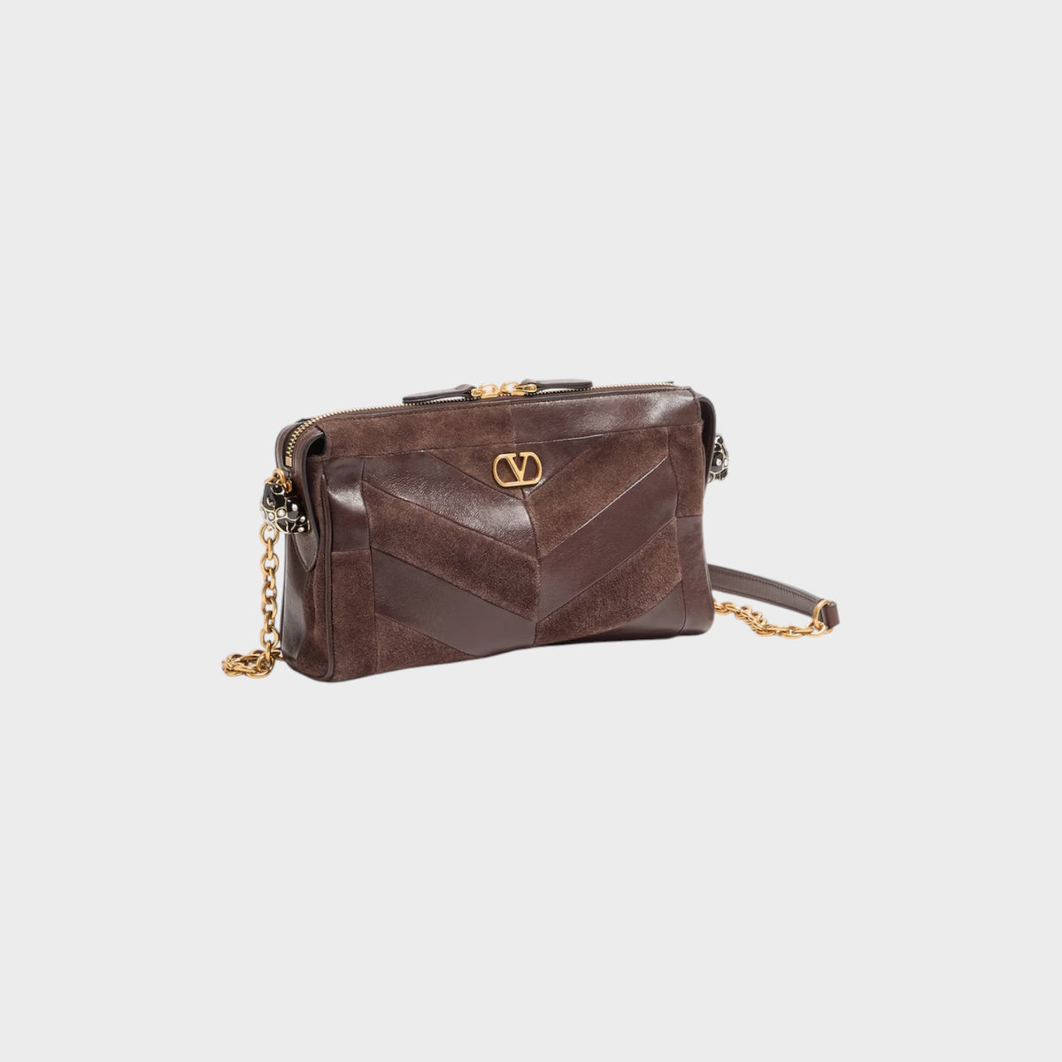 Tasoni Valentino Panthea small shoulder bag in ebony and oak brown leather and suede with gold hardware.