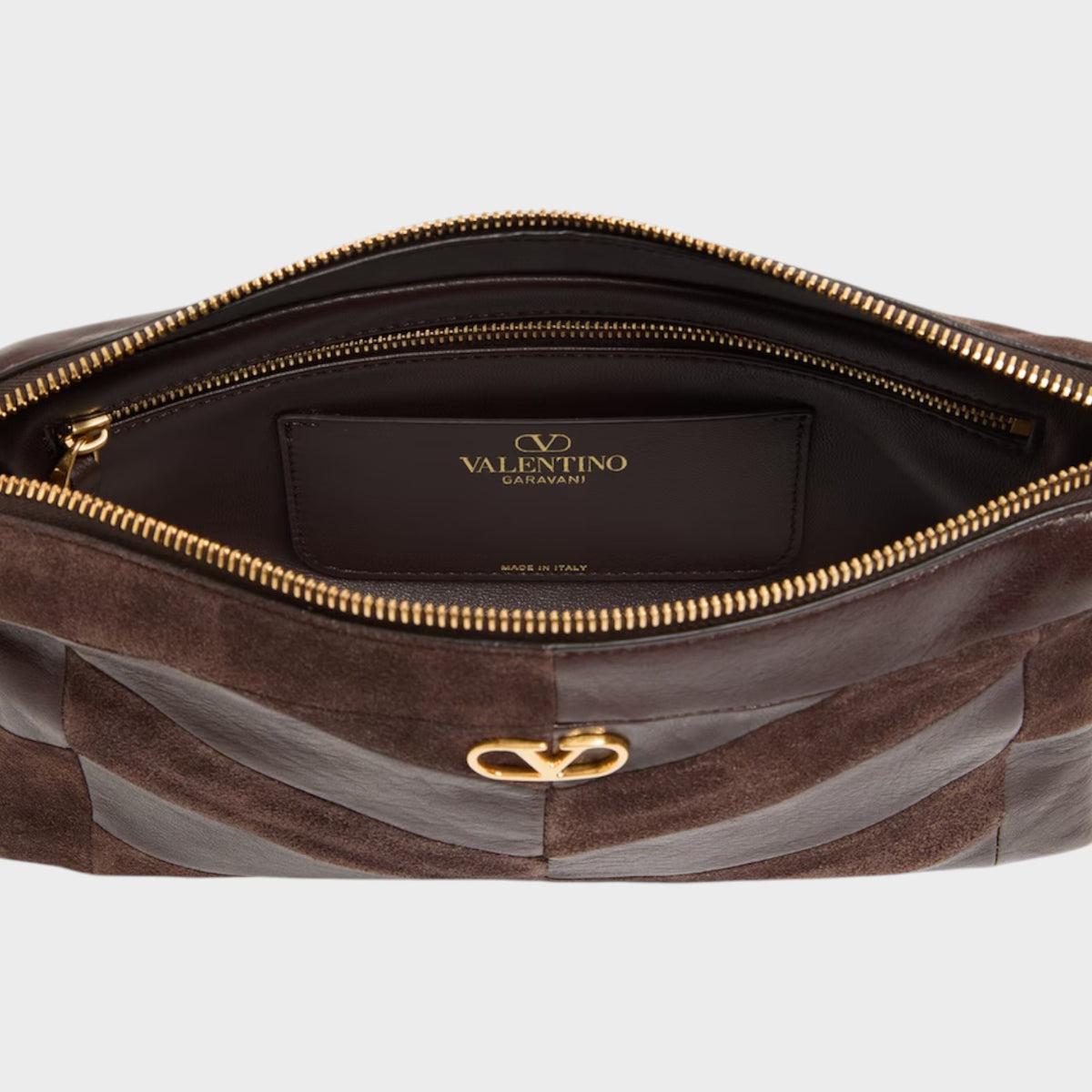 Tasoni Valentino Panthea small shoulder bag in ebony and oak brown leather and suede with gold hardware interior.