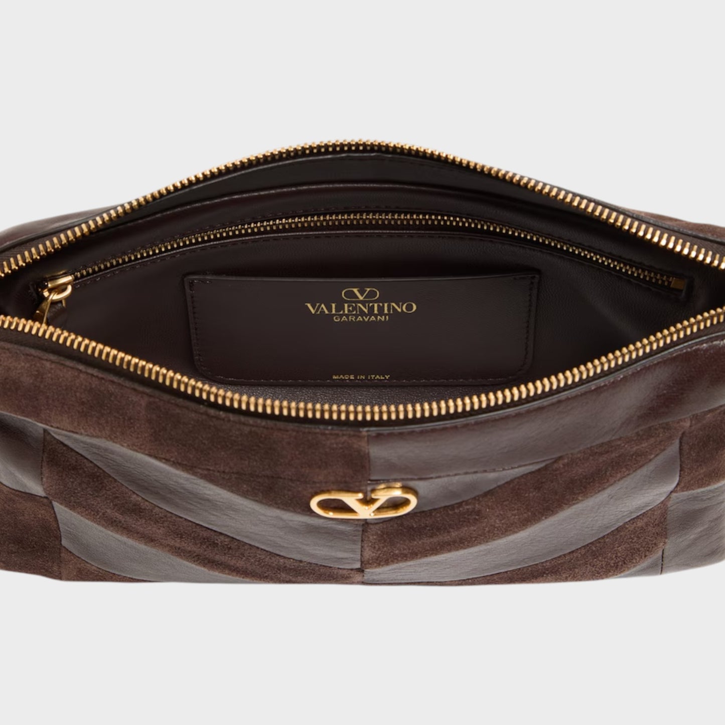 Tasoni Valentino Panthea small shoulder bag in ebony and oak brown leather and suede with gold hardware interior.