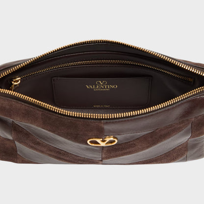 Tasoni Valentino Panthea small shoulder bag in ebony and oak brown leather and suede with gold hardware interior.