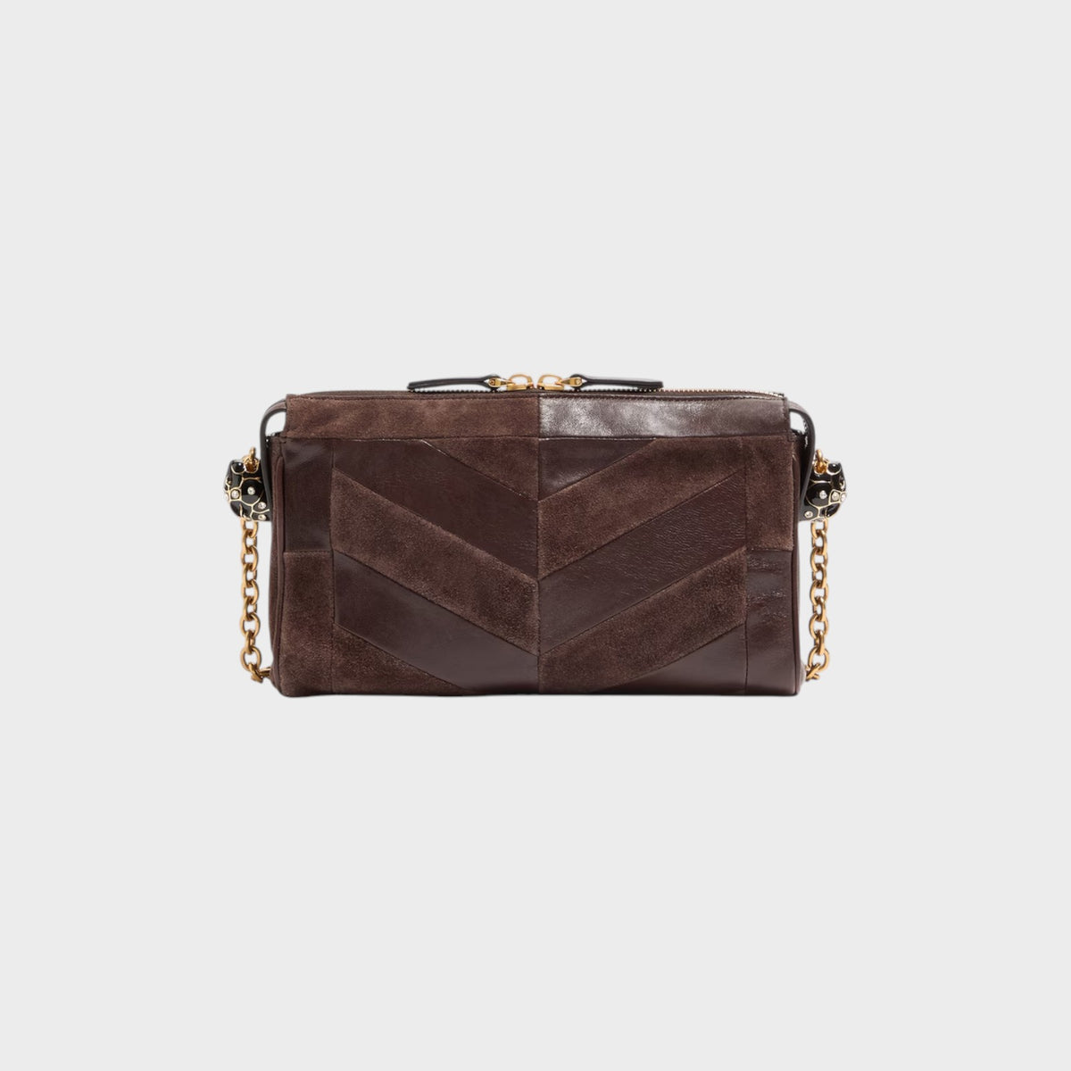 Tasoni Valentino Panthea small shoulder bag in ebony and oak brown leather and suede with chevron pattern and chain