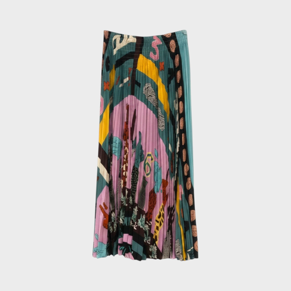 Tasoni Valentino crepe de chine pleated midi skirt featuring a vibrant multi-colored abstract graphic print