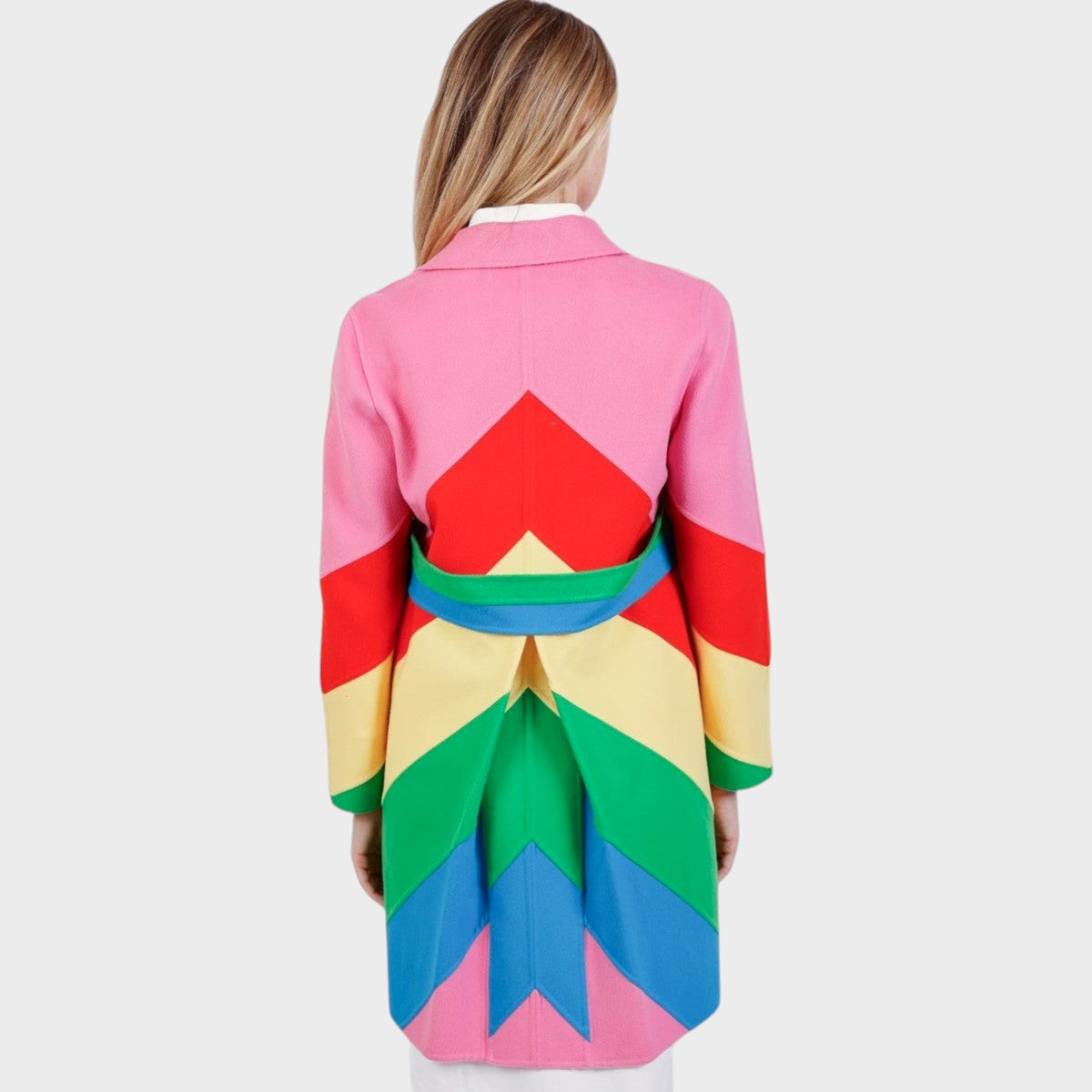 Tasoni Valentino rainbow coat featuring a vibrant chevron pattern in pink, red, yellow, green, and blue on wool