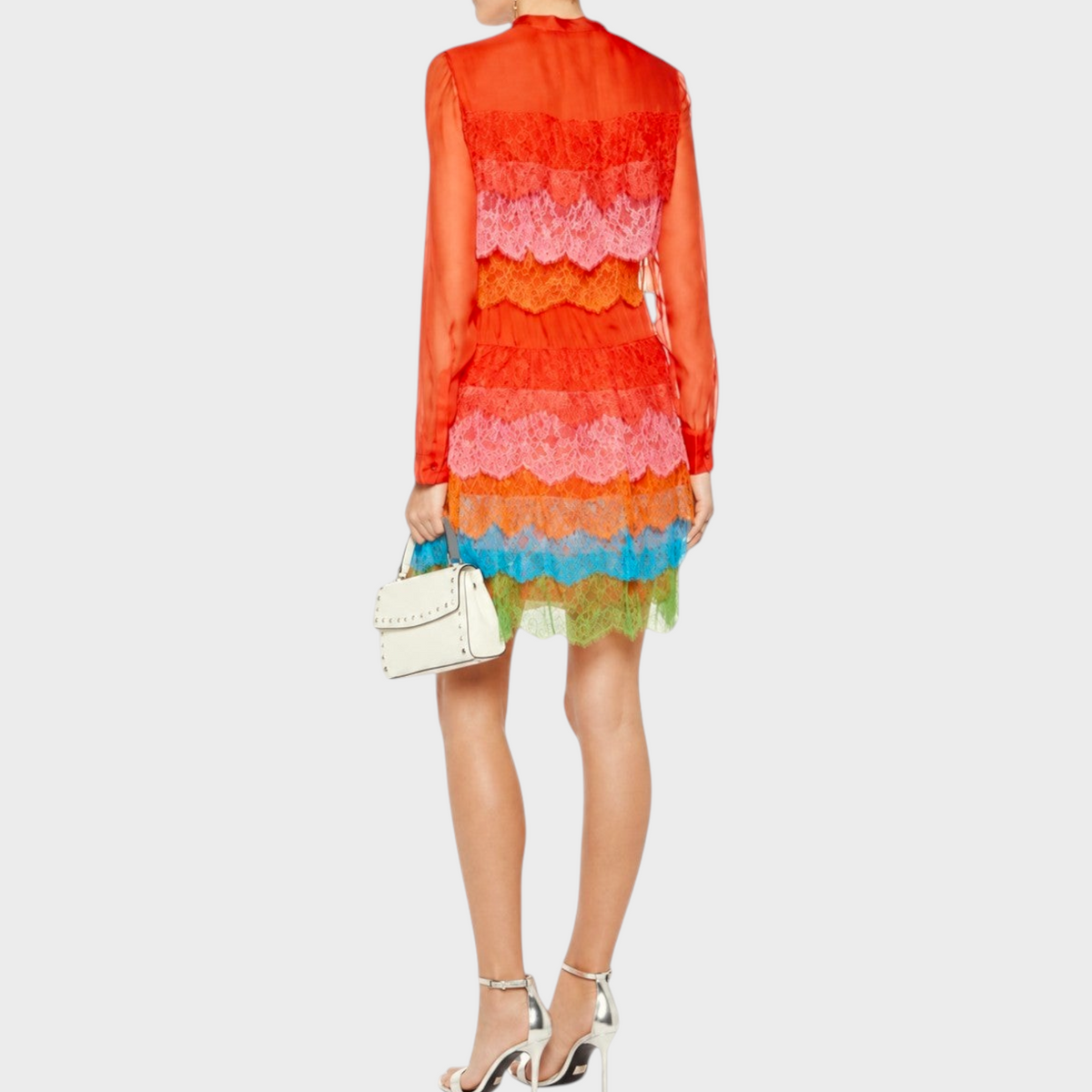 Tasoni Valentino lace layered rainbow dress featuring tiered vibrant colors and long sheer sleeves, back view.