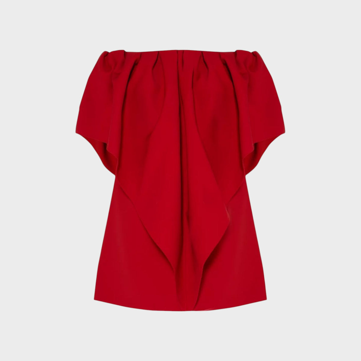 Tasoni Valentino red wool off-shoulder dress featuring a draped pleated bodice design.