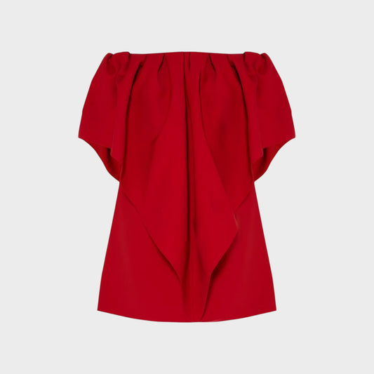 Tasoni Valentino red wool off-shoulder dress featuring a draped pleated bodice design.