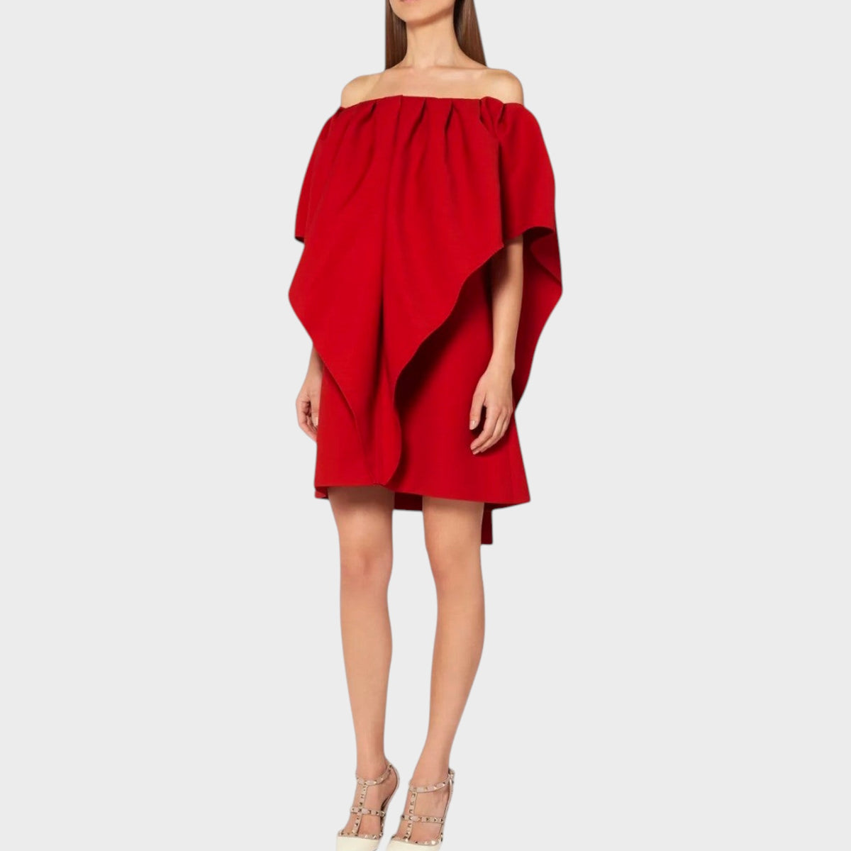 Tasoni Valentino red wool off-shoulder mini dress with dramatic draped cape sleeves
