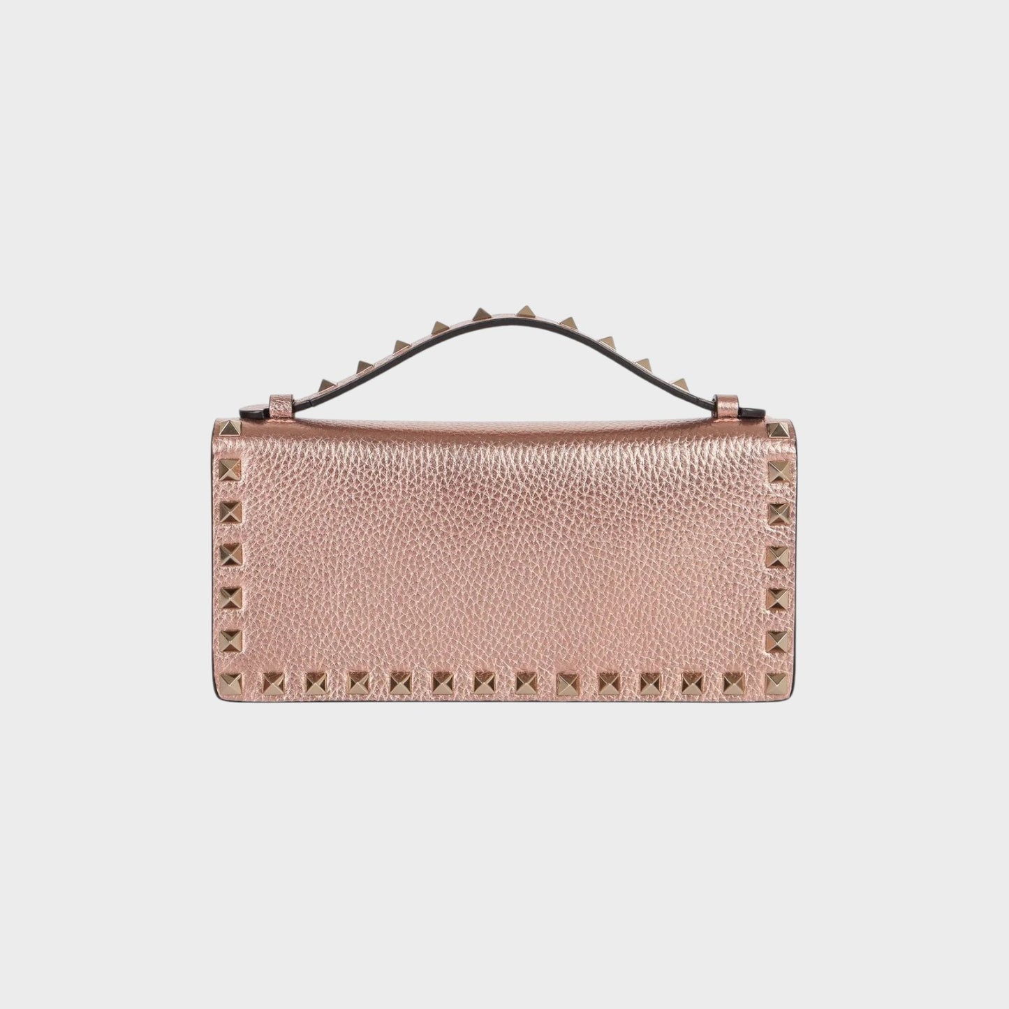 Tasoni Valentino Rockstud wallet in rose gold metallic leather with signature pyramid studs.