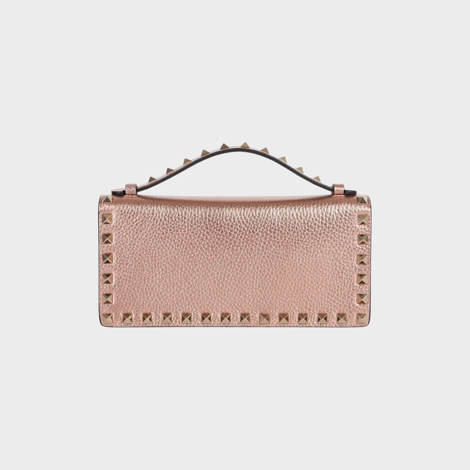 Tasoni Valentino Rockstud wallet in rose gold metallic leather with signature pyramid studs.