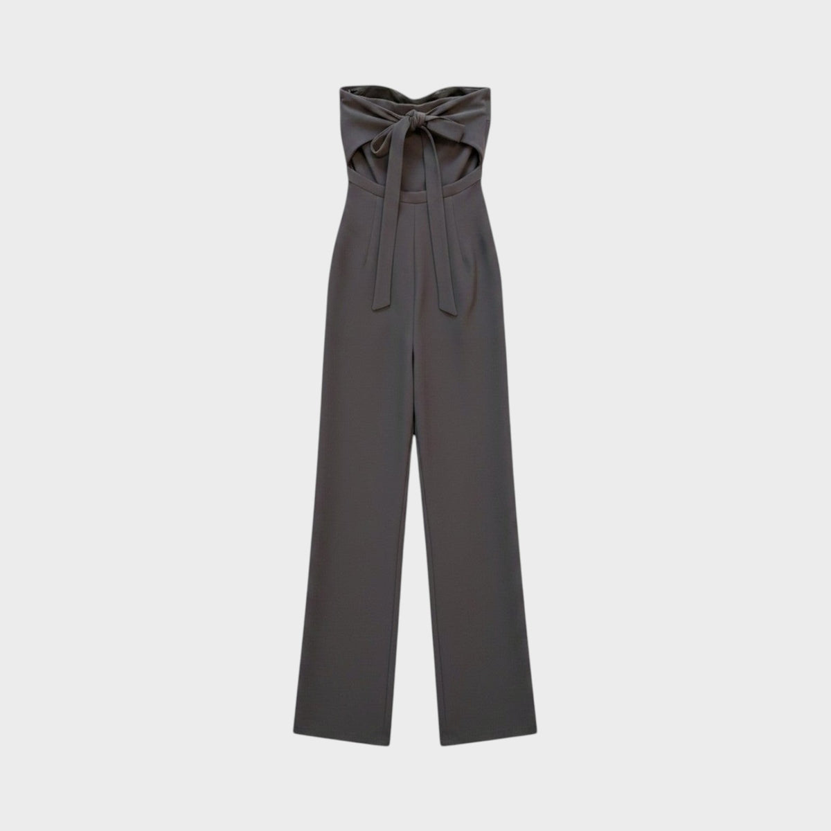 Tasoni Valentino strapless jumpsuit in dark grey featuring a front tie detail and wide-leg silhouette.