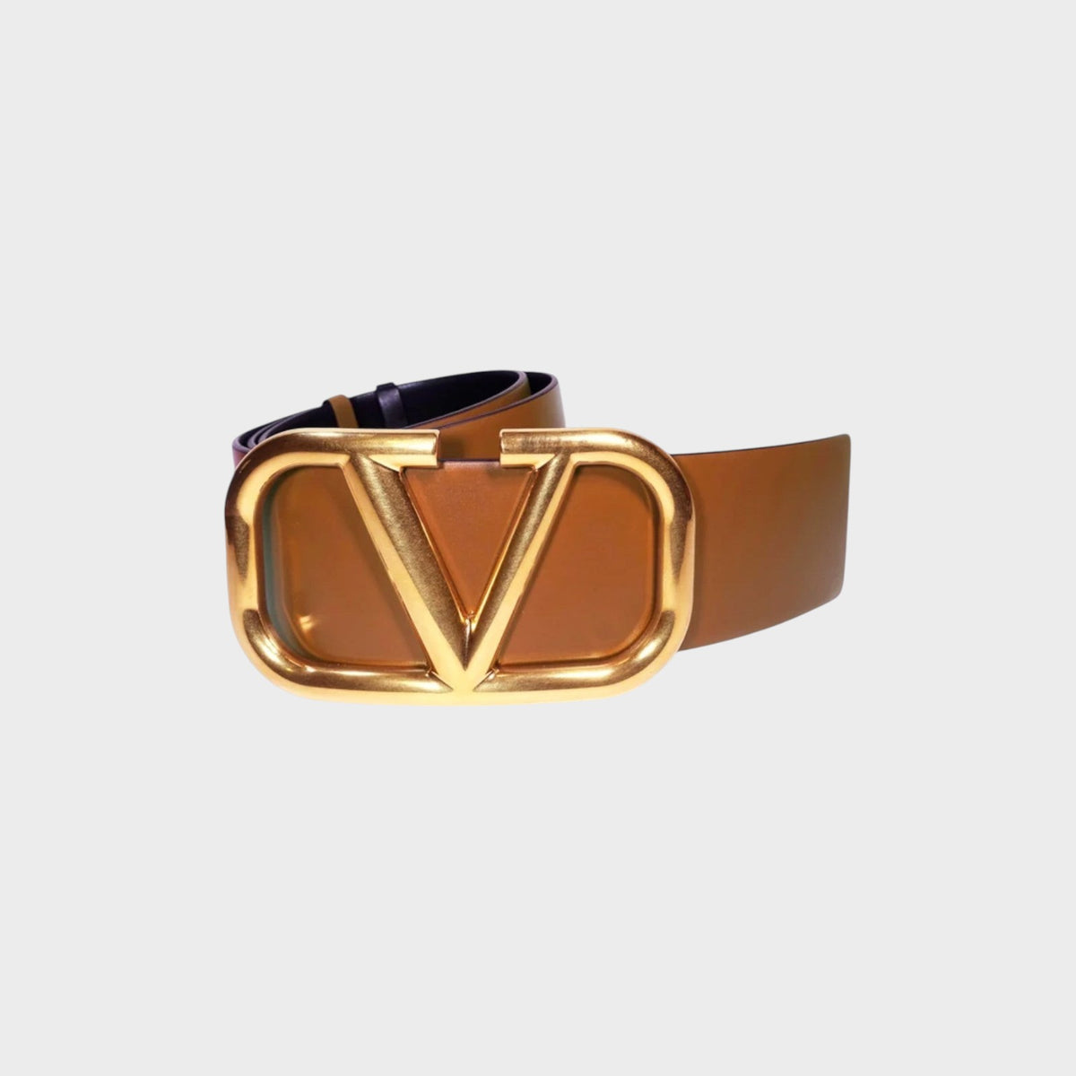 Tasoni Valentino V Logo belt in tan leather with a polished gold-tone metal buckle