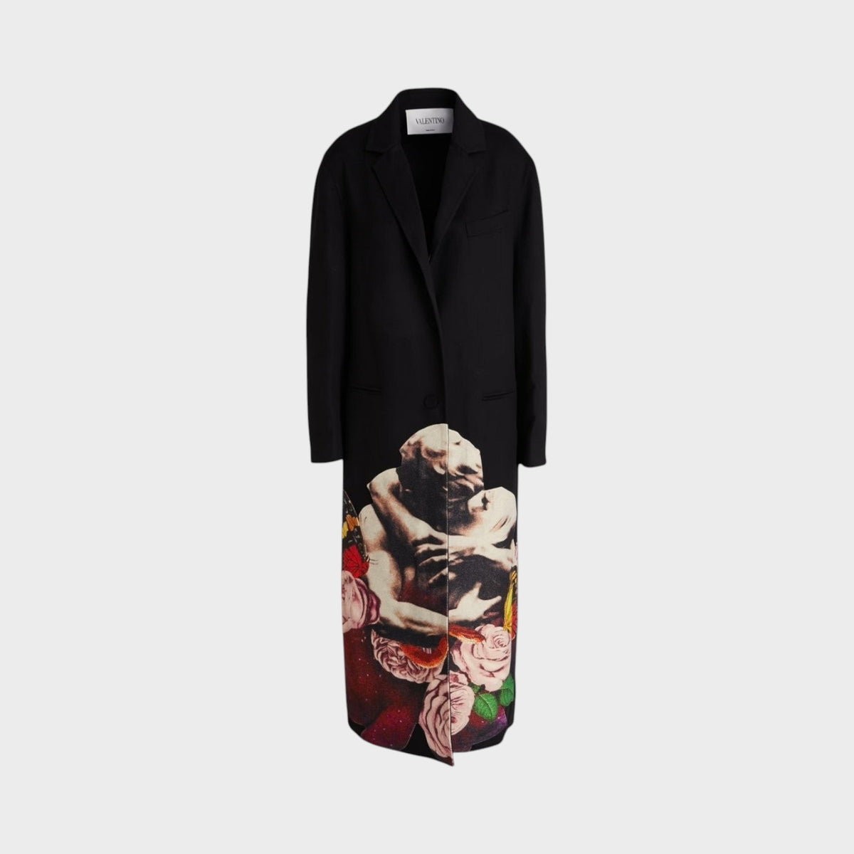 Tasoni Valentino x Undercover black wool and cashmere coat featuring a large graphic print of figures and roses