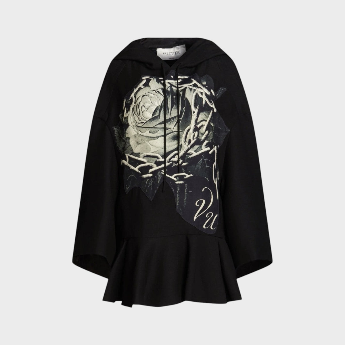 Tasoni Valentino x Undercover black wool and silk hooded dress featuring a graphic rose and chain print