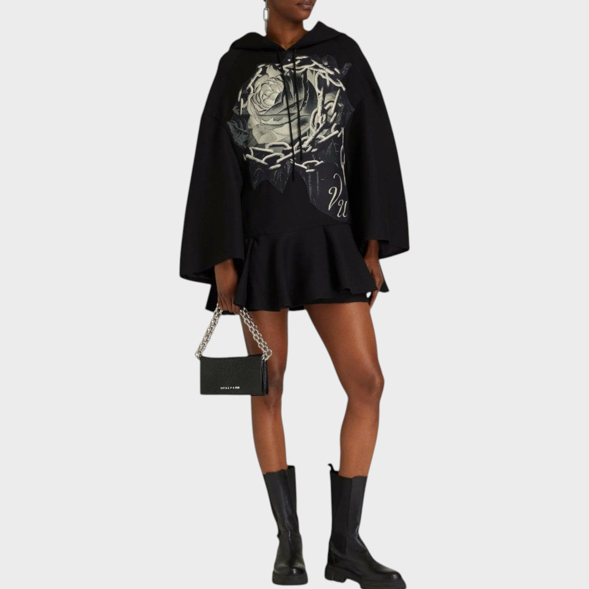 Tasoni Valentino x Undercover black wool and silk hooded dress with rose graphic print and flared hem