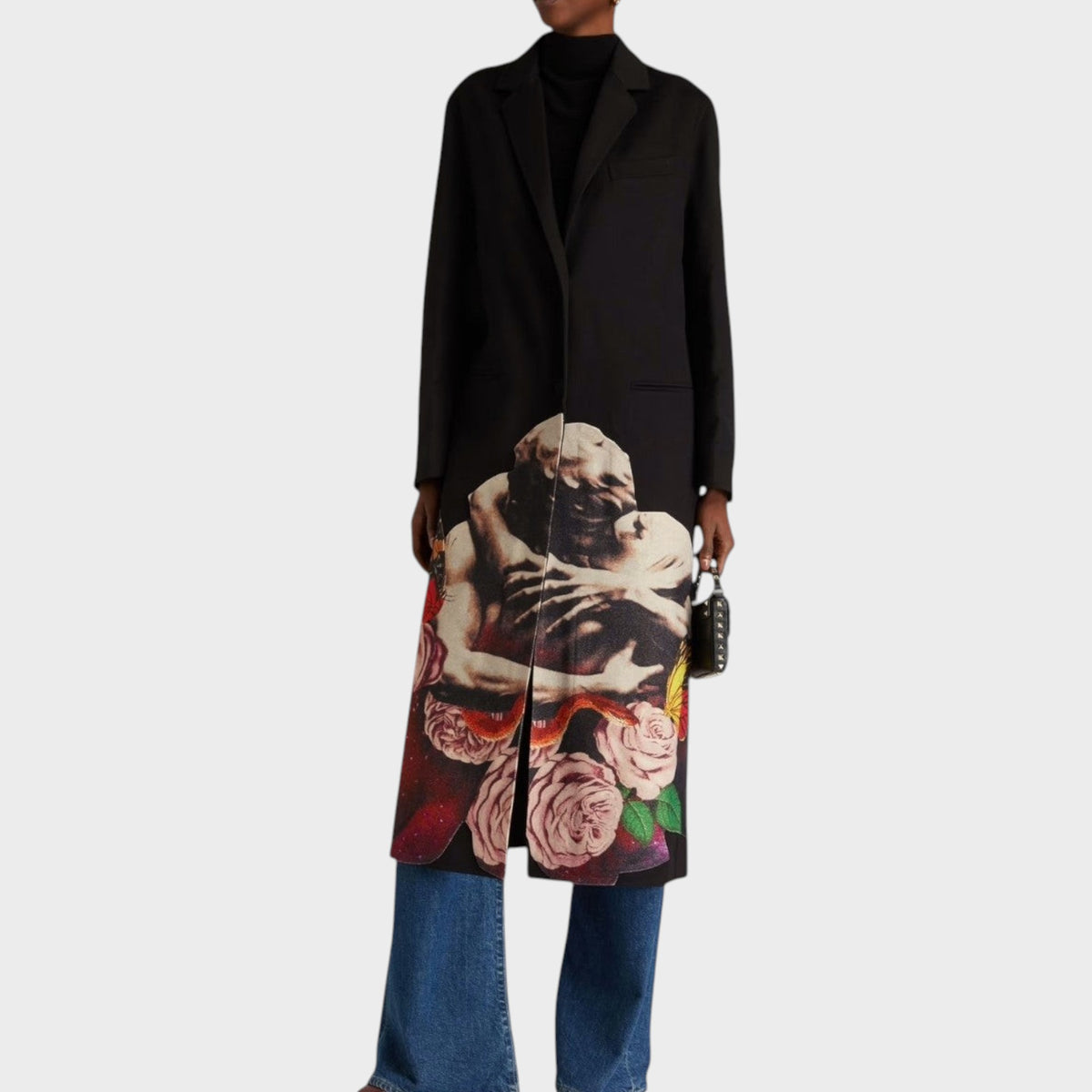 Tasoni Valentino x Undercover black wool and cashmere coat featuring a graphic print of figures and roses