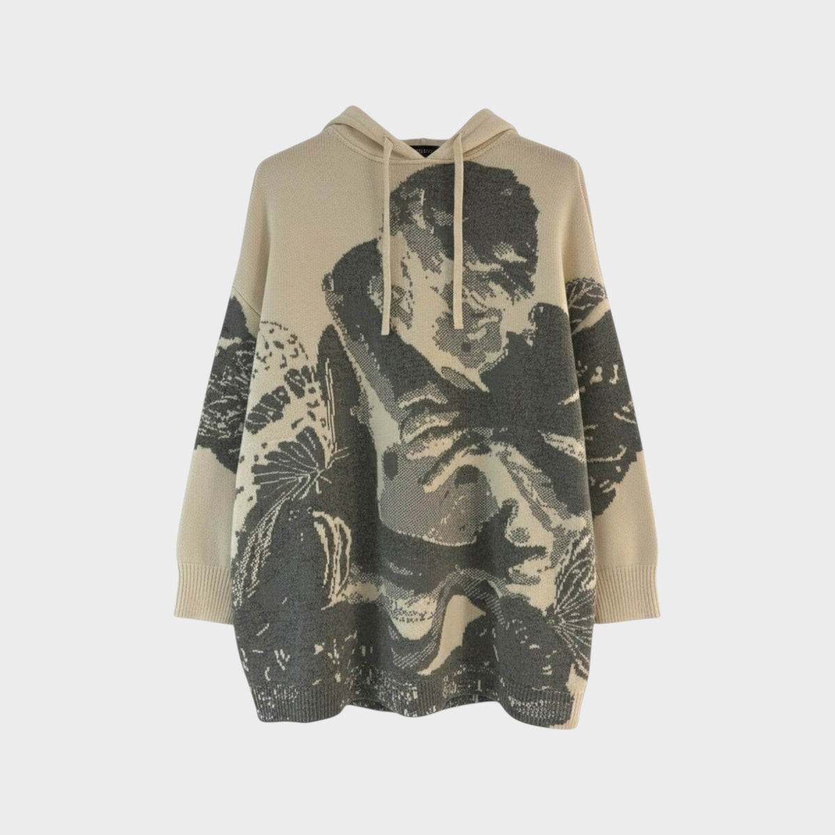 Tasoni Valentino x Undercover beige and grey jacquard wool and cashmere hoodie with graphic print