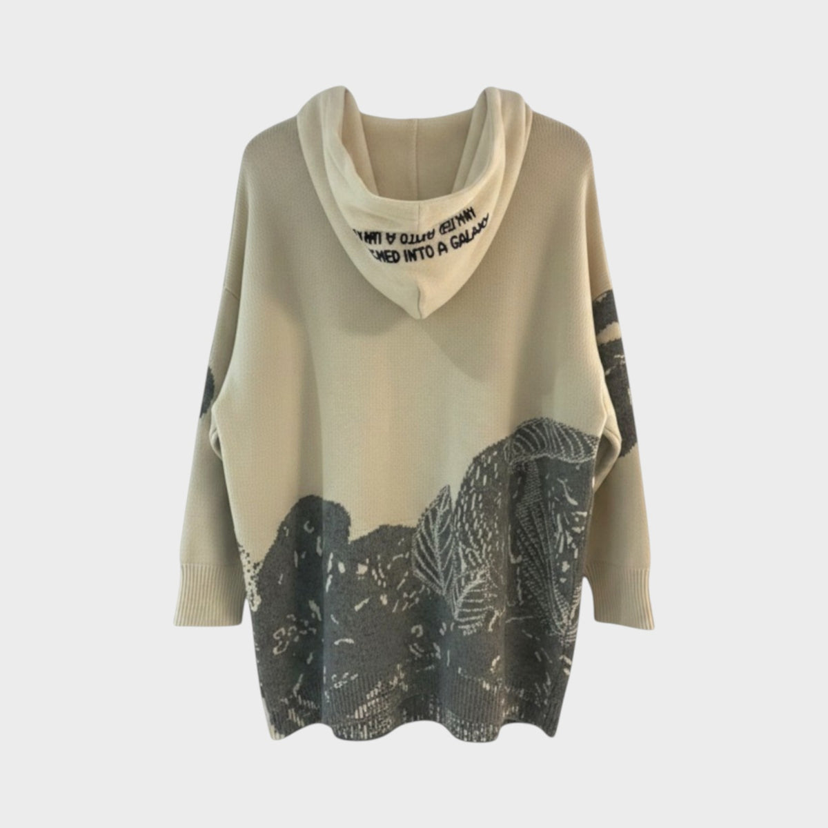 Tasoni Valentino x Undercover beige wool and cashmere jacquard hoodie with grey graphic print and hood text detail