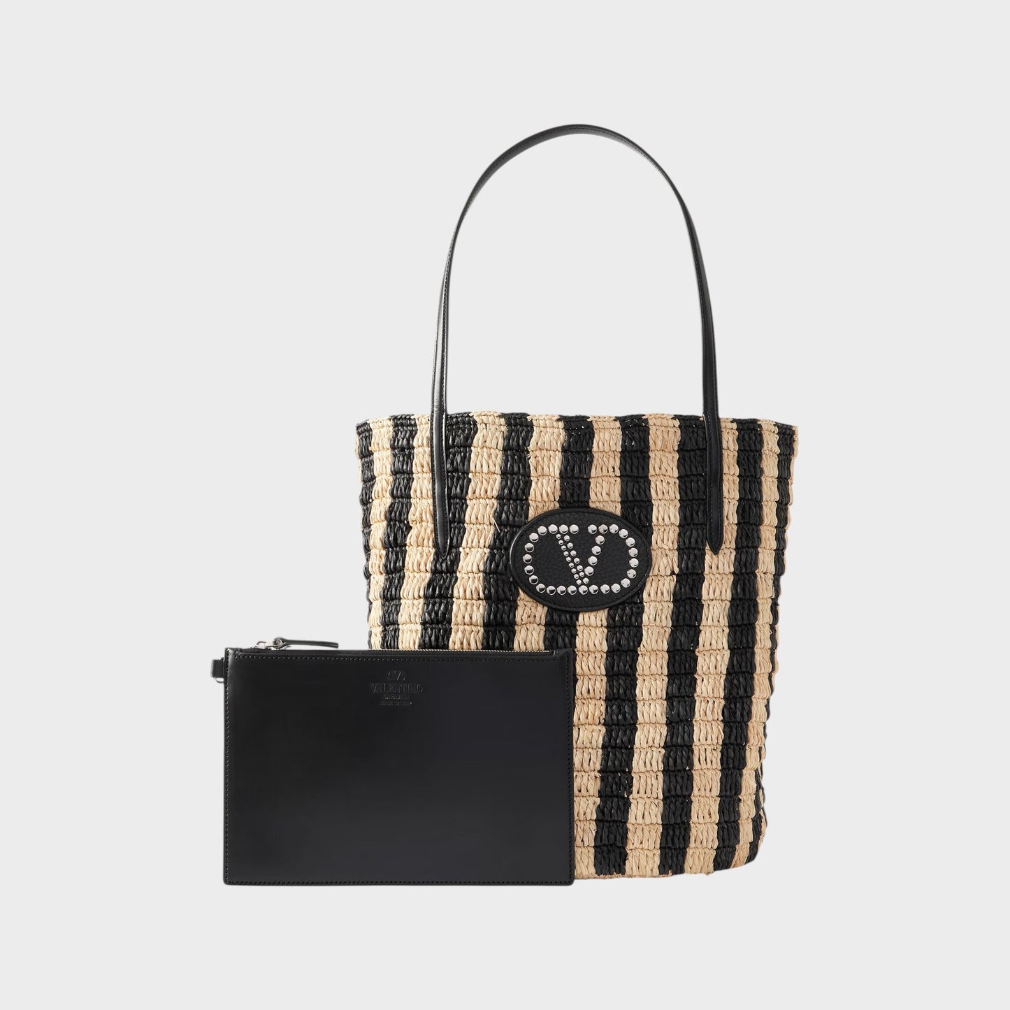 Valentino V-Logo Crochet Raffia Bucket Bag with black and beige stripes and a black leather pouch.