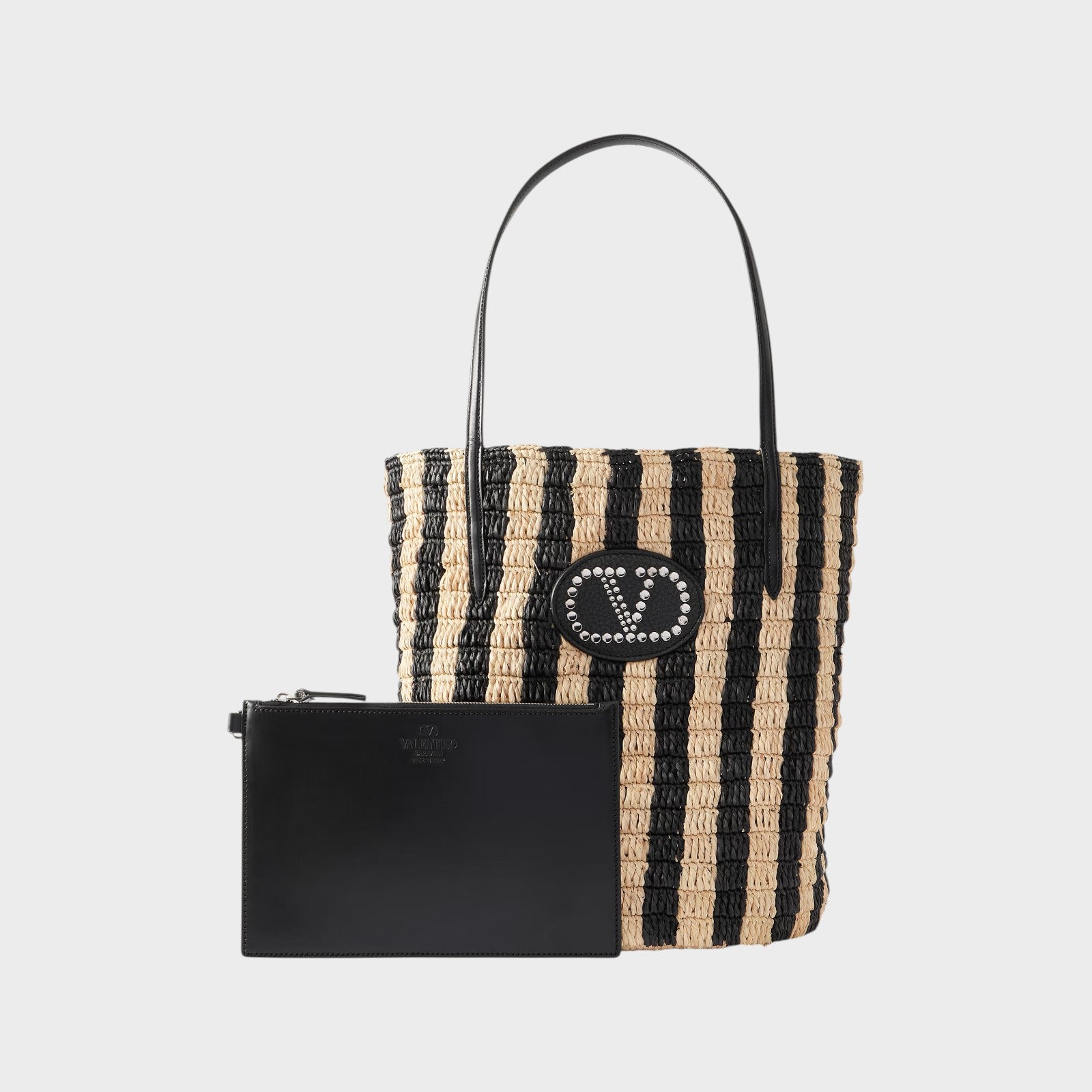 Valentino V-Logo Crochet Raffia Bucket Bag with black and beige stripes and a black leather pouch.