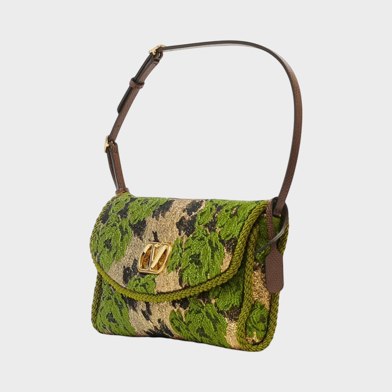 Tasoni Valentino V-Logo jacquard small shoulder bag in green, black, and gold with floral embroidery and leather strap.