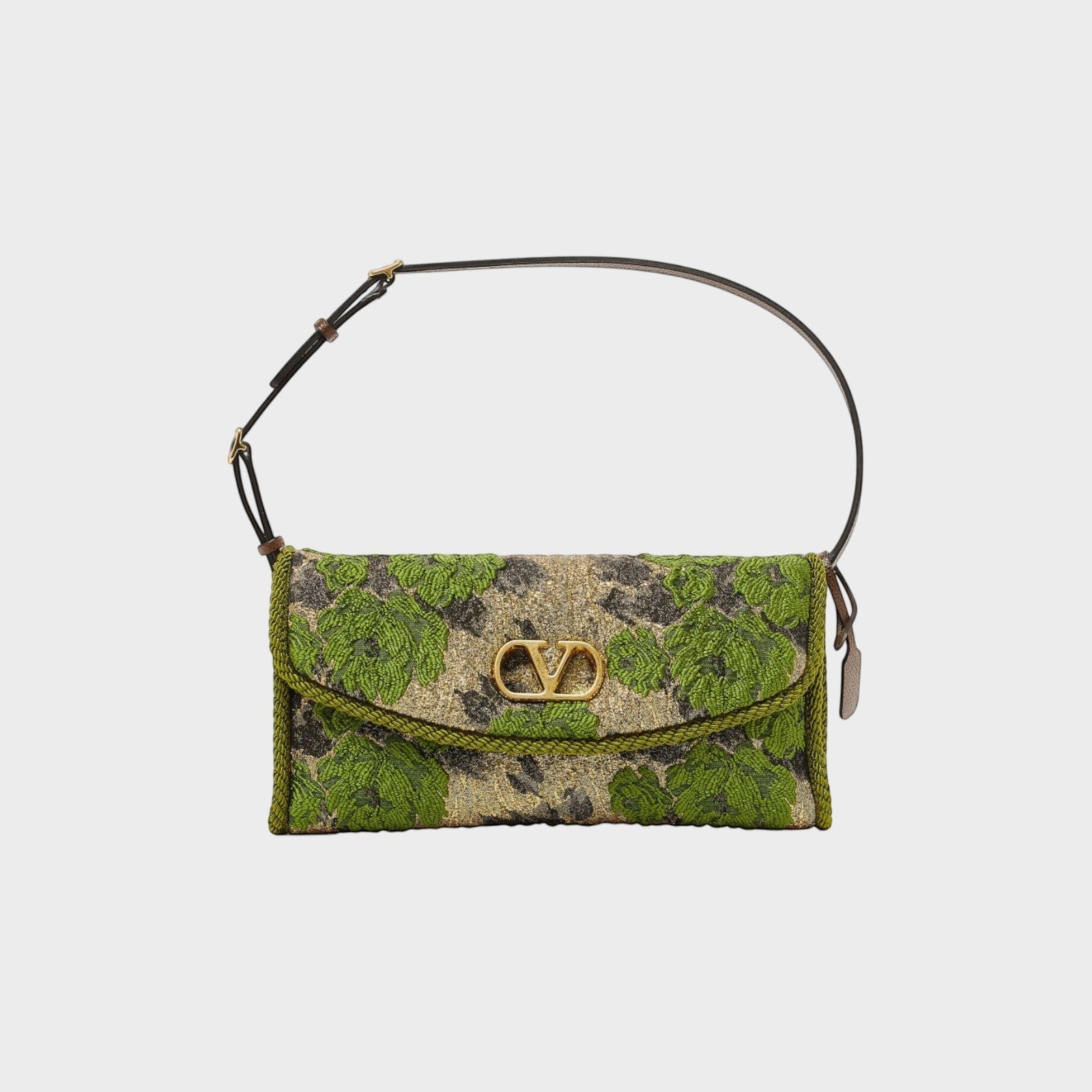 Tasoni Valentino V-Logo Jacquard Small Shoulder Bag in green, black, and gold with floral embroidery.