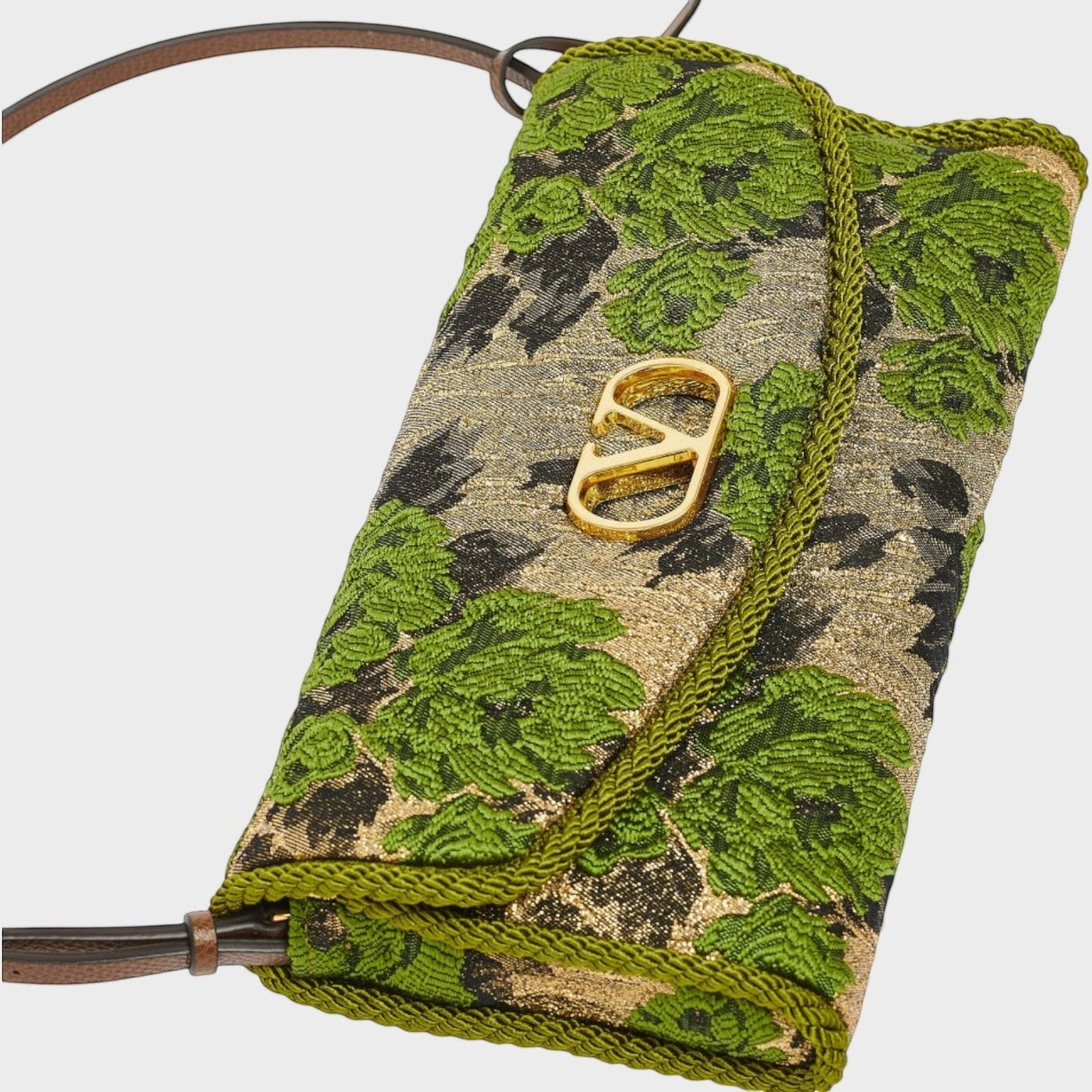 Tasoni Valentino V-Logo Jacquard Small Shoulder Bag in green, black, and gold with floral embroidery and gold hardware.
