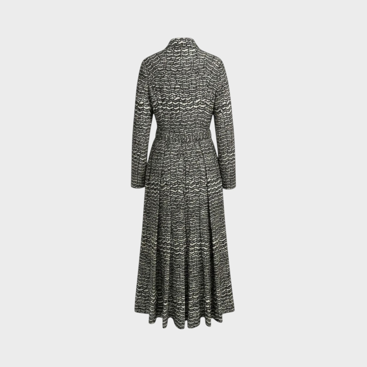 Tasoni Valentino velvet jacquard coat in black and white with a textured wave pattern and pleated midi skirt back view