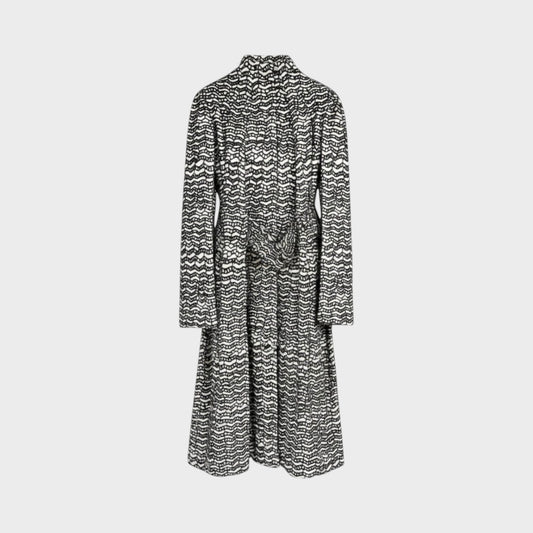 Tasoni Valentino velvet jacquard coat in black and white with a textured wave pattern and high collar