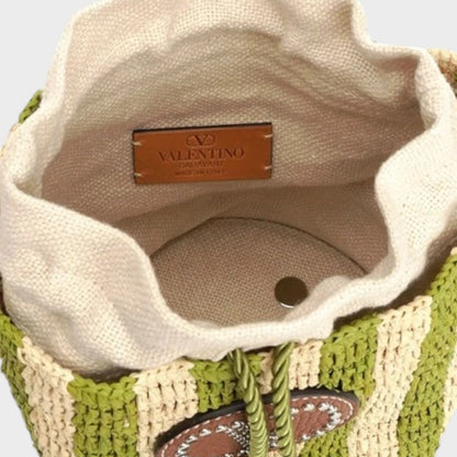 Tasoni Valentino V-Logo crochet raffia bucket bag with green and natural stripes and leather trim.