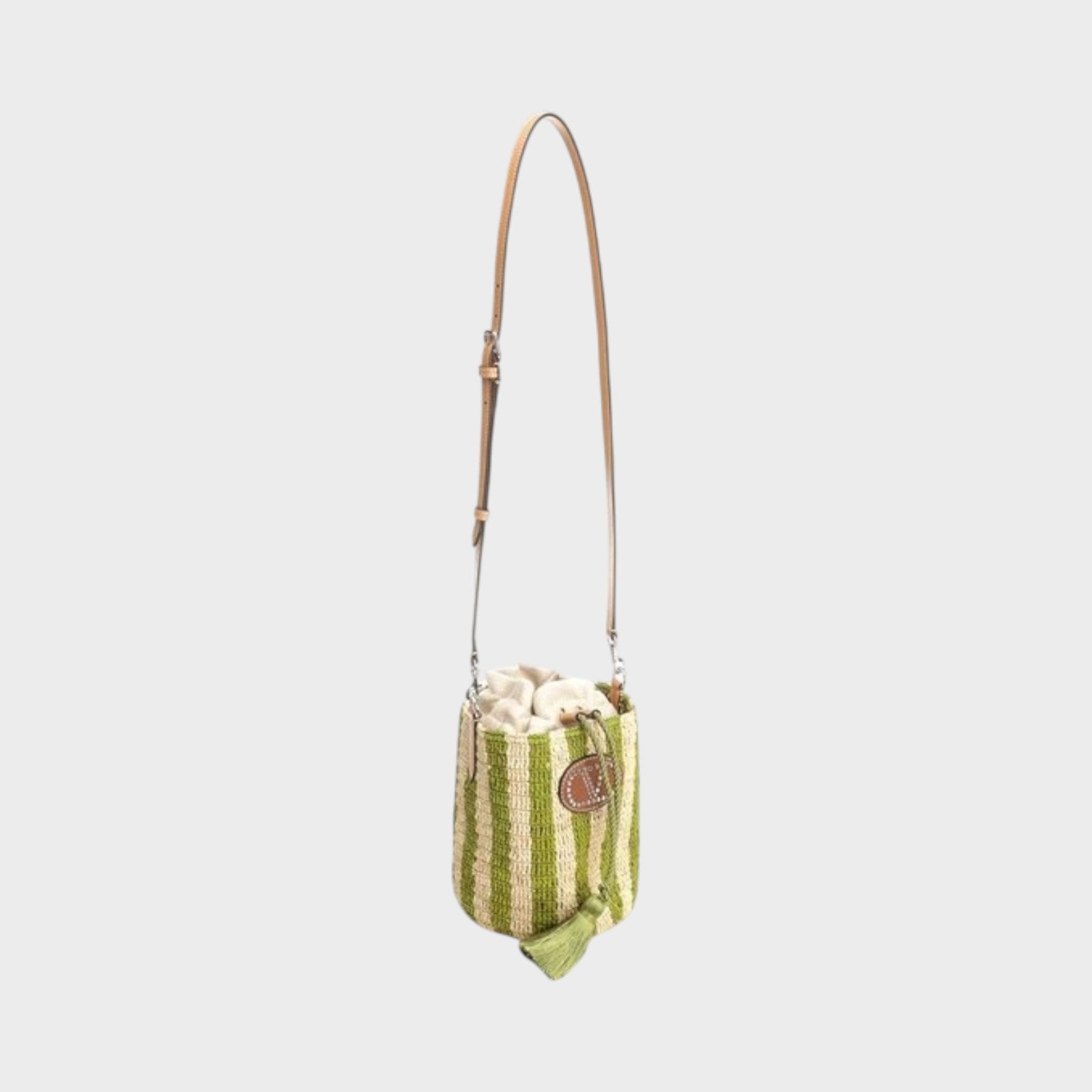 Tasoni Valentino V-Logo crochet raffia striped small bucket bag in natural and green with leather trim and tassel.