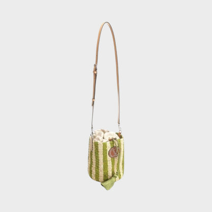 Tasoni Valentino V-Logo crochet raffia striped small bucket bag in natural and green with leather trim and tassel.